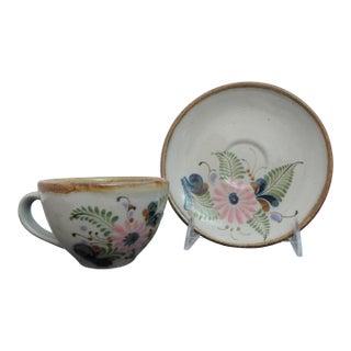 Ken Edwards El Palomar Flower Tonala Mexico Folk Art Stoneware Cup & Saucer For Sale