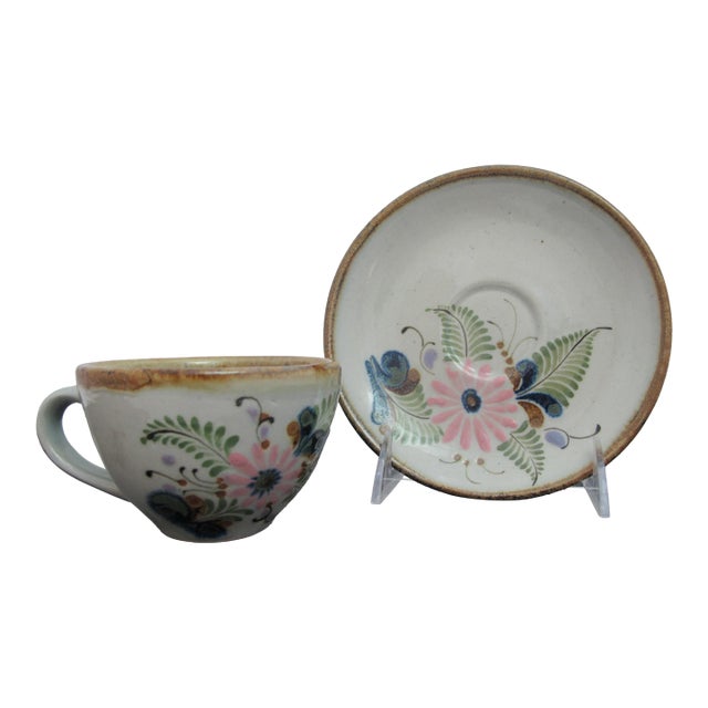 Ken Edwards El Palomar Flower Tonala Mexico Folk Art Stoneware Cup & Saucer For Sale