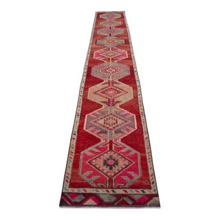 1950s Pink Turkish Hand-Knotted Runner Rug, Extra Long Narrow Hallway Decor 2x14 Ft Approx For Sale