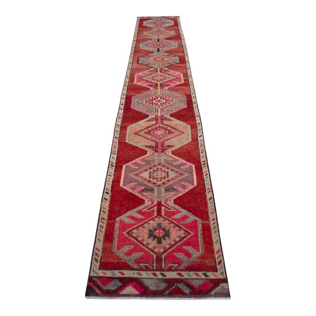 1950s Pink Turkish Hand-Knotted Runner Rug, Extra Long Narrow Hallway Decor 2x14 Ft Approx For Sale