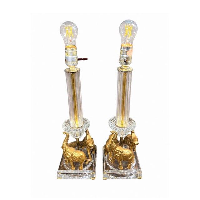 1970s Vintage Brass Elephant Table Lamps Pair Crystal Glass Hollywood Regency - a Pair For Sale - Image 5 of 10