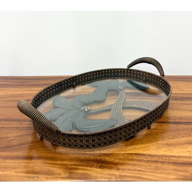 Mid 20th Century Vintage Coastal Palm Tree Glass Serving Tray With Metal Frame For Sale - Image 5 of 8