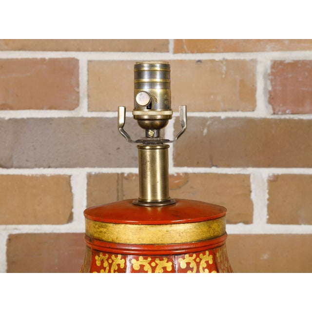 19th Century English Chinoiserie Tea Tin Red and Gold Canister Made into a Table Lamp For Sale - Image 9 of 11