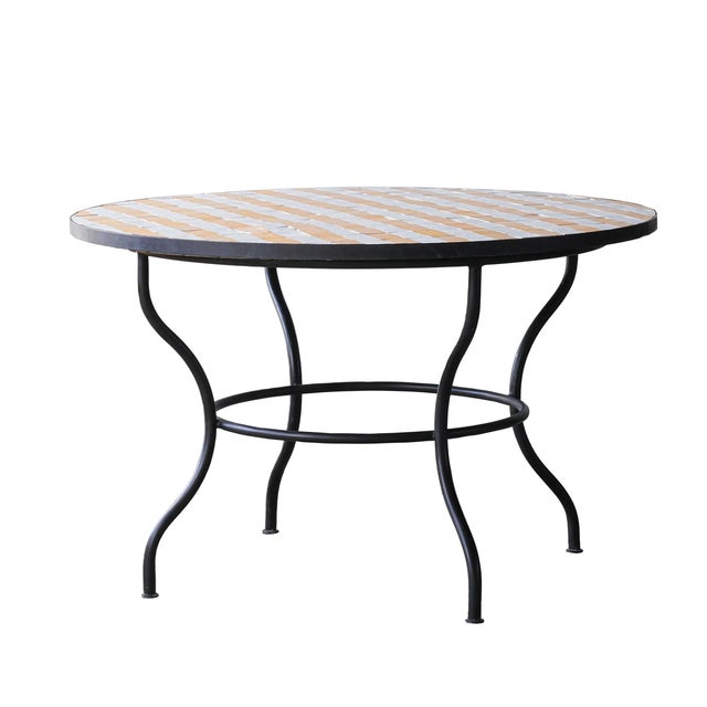 Matthew Izzo Home 48" Round Yellow and White Striped Moroccan Zellige Tile Bistro Table on Iron Base For Sale - Image 4 of 4