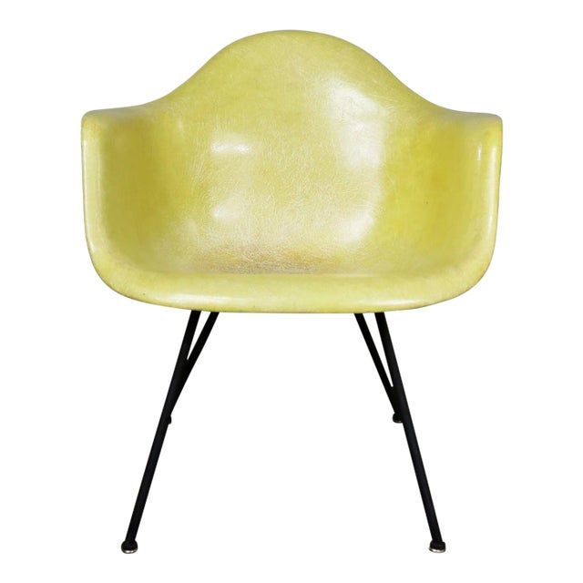 Vintage Mid Century Modern Eames Herman Miller Lax Fiberglass Arm Shell Chair X Base Zenith Rope Edge Yellow For Sale
