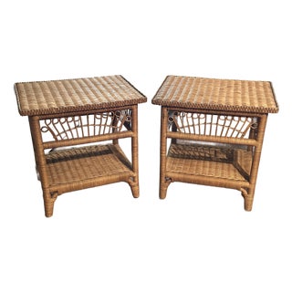 A Pair of Vintage Coastal-Style Wicker and Rattan End Tables by Pacific Traders and Manufacturing Corporation PTMC in the Philippines. For Sale