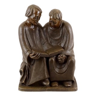 Art Deco 20th Century Reading Monks Sculpture in Bronze For Sale