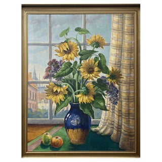 F. Augustinus, Still Life of Sunflowers in Vase Next to Window, 1947, Oil on Canvas, Framed For Sale