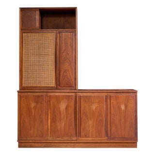 Mid 20th Century Jack Cartwright for Founders Mid Century Walnut and Cane Credenza and Hutch For Sale