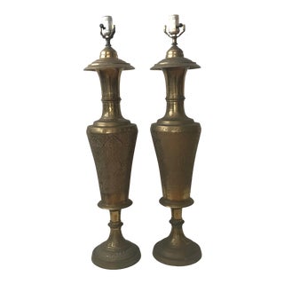 1950s Vintage Mid Century Persian Style Etched Brass Urn Table Lamps - a Pair For Sale