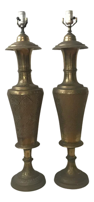 1950s Vintage Mid Century Persian Style Etched Brass Urn Table Lamps - a Pair