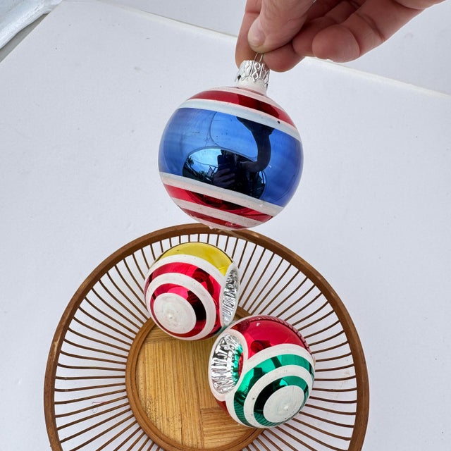 1990s Kurt Adler Style Colorful Reflector Striped Ornaments- Set of Three For Sale - Image 9 of 9