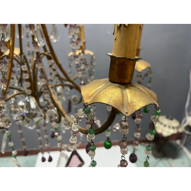 Goldenrod Italian Florentine Tole Gilt Murano Glass Beaded 6-Light Chandelier, 1950s For Sale - Image 8 of 17