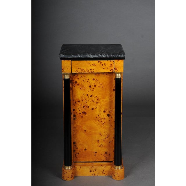 Classic bedside table, side table in Biedermeier style, maple root, opens to the right Maple root veneer on solid wood....