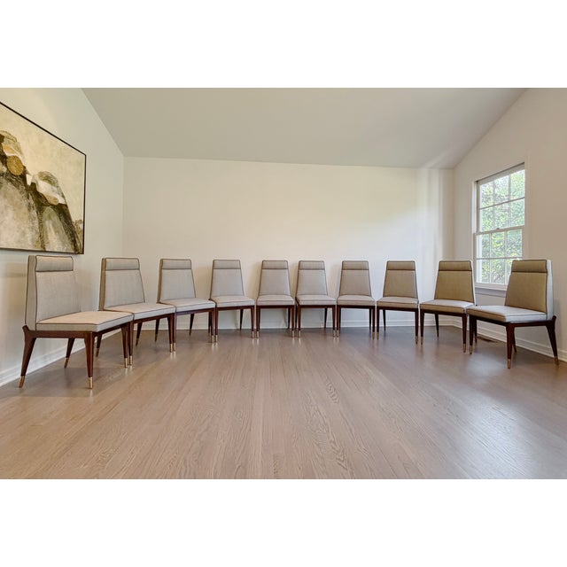 Exceptional set of ten Tuxedo Side Chairs by Lorin Marsh, combining tailored upholstery with strong Art Deco influences....
