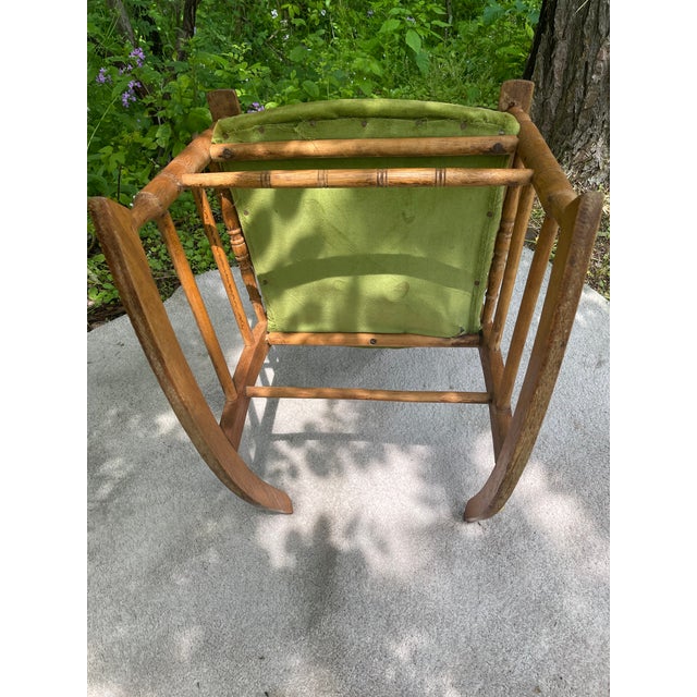 Antique Victorian Early Mission Style Spindle Back Rocking Chair W Upholstered Seat For Sale - Image 9 of 12