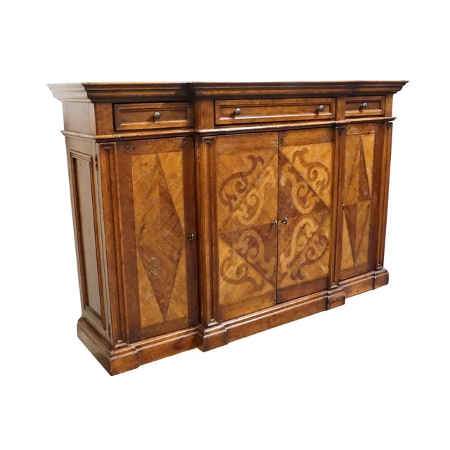 Mediterranean Vintage Antique Mediterranean Tuscan Style Alder Wood 77" Wine Storage Credenza Buffet W. Inlaid Features For Sale - Image 3 of 14