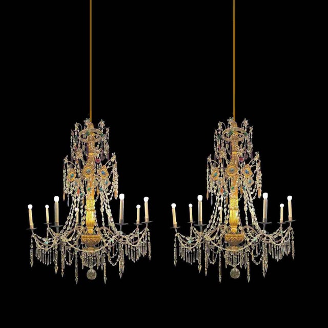 Pair of Antique Genoese Empire Chandeliers from 1780 in Crystal and Gilded Wood, some of which are colored. Authentic,...