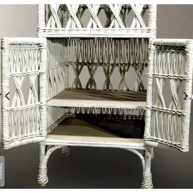 Vintage Antique White Painted Wicker Lift Top Storage Cupboard Cabinet In good original condition showing some typical age...