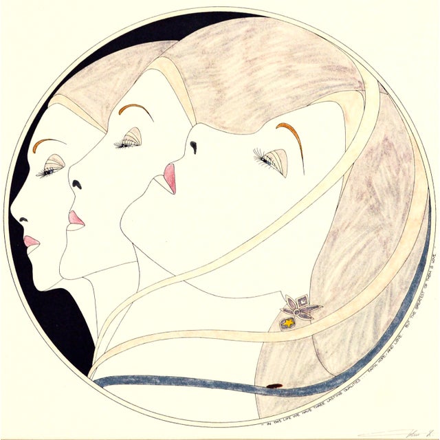 "Three Ribbon Heads", Art Deco Hand Colored Lithograph by John Luke Eastman 1984 For Sale - Image 4 of 8