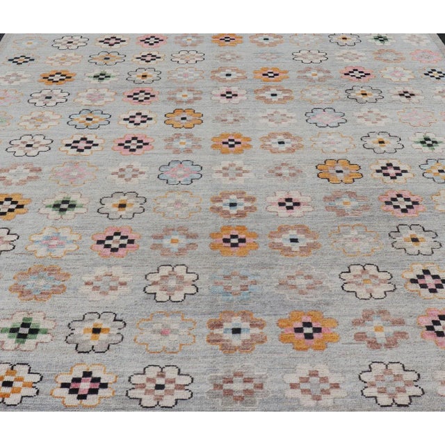 Textile Modern Hand-Knotted Rug in Wool With Modern All-Over Flower Design on a Light Gray Field For Sale - Image 7 of 12