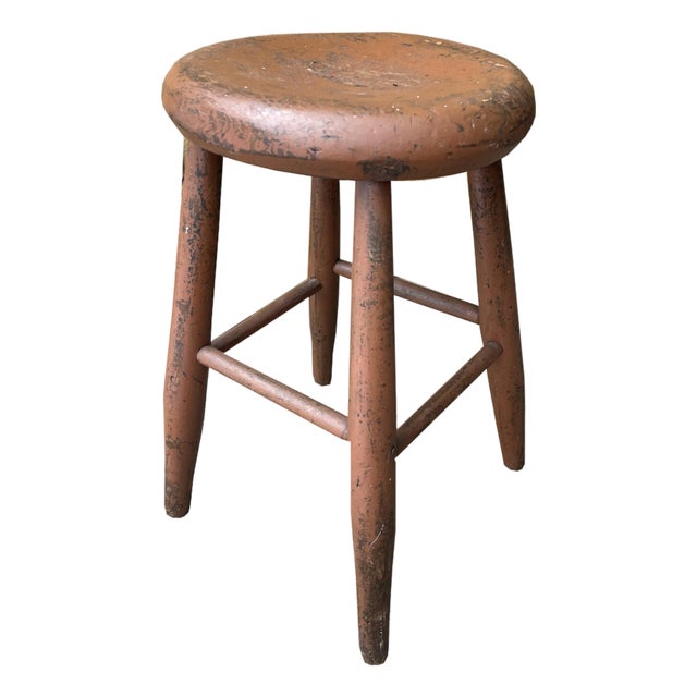 1800s Shaker Style Stool in Original Dark Reddish Brown Paint. For Sale