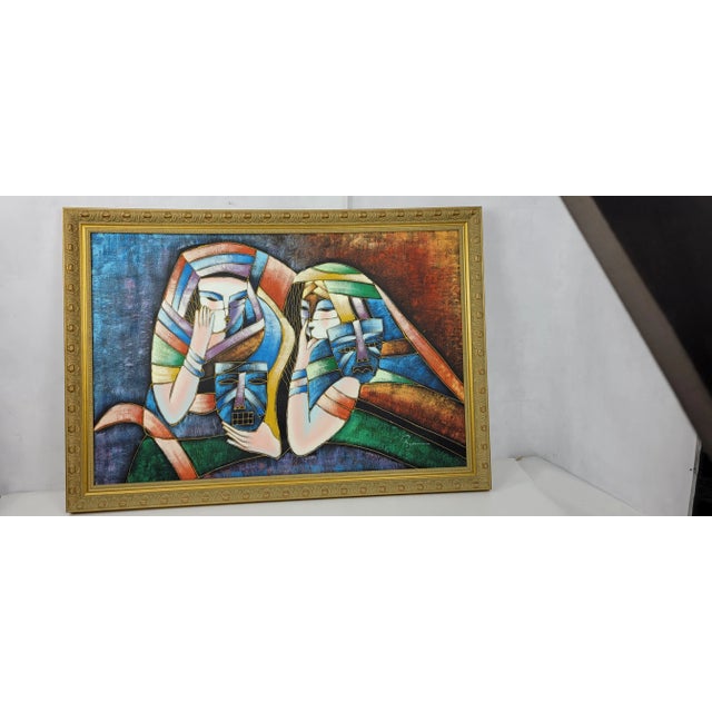 Blue Vintage Postmodern Cubist Figurative Signed Canvas Acrylic Painting, Framed For Sale - Image 8 of 8