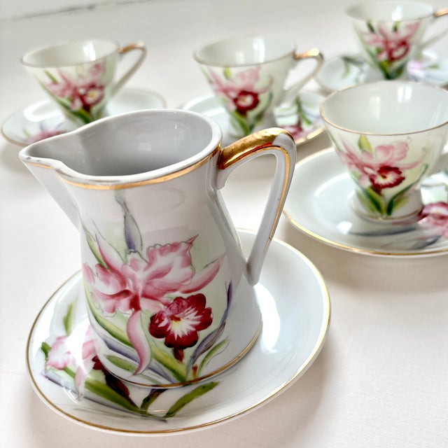 Pink 1950s Hand-Painted Porcelain Demitasse Cups & Saucers With Creamer- 10 Pieces For Sale - Image 8 of 10