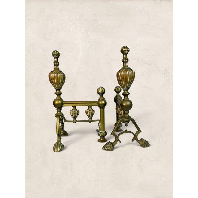 Late 19th Century Antique English Cast Brass Andirons With Scrolled Legs For Sale - Image 5 of 7