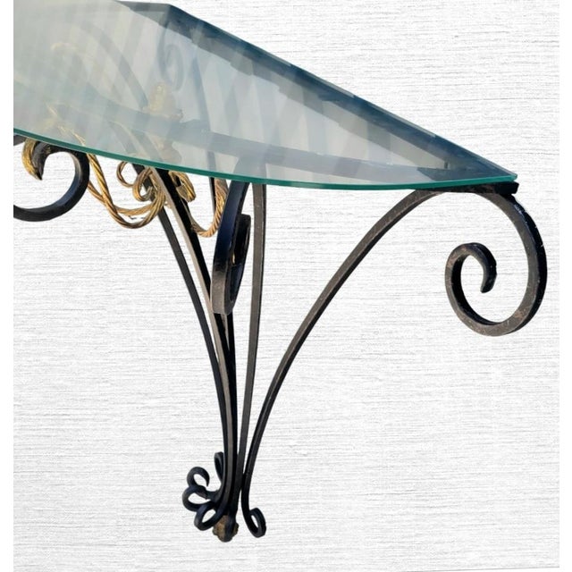 1980s Vintage Hollywood Regency Demilune Black Gold Gilt Twisted Rope Iron Half Moon Wall Console Table For Sale - Image 5 of 11