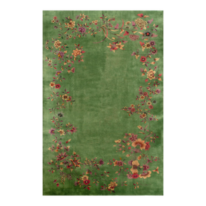 Soothing Green Color Minimalist Open Field and Floral Border Antique Chinese Art Deco Carpet