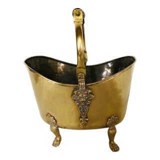 1970s Footed Hammered Brass Container With Lions Head Handle Mounts For Sale
