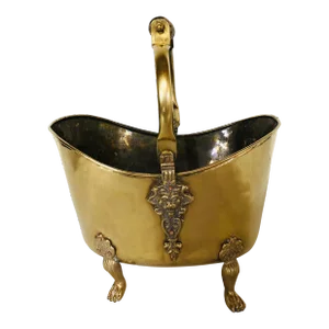 1970s Footed Hammered Brass Container With Lions Head Handle Mounts