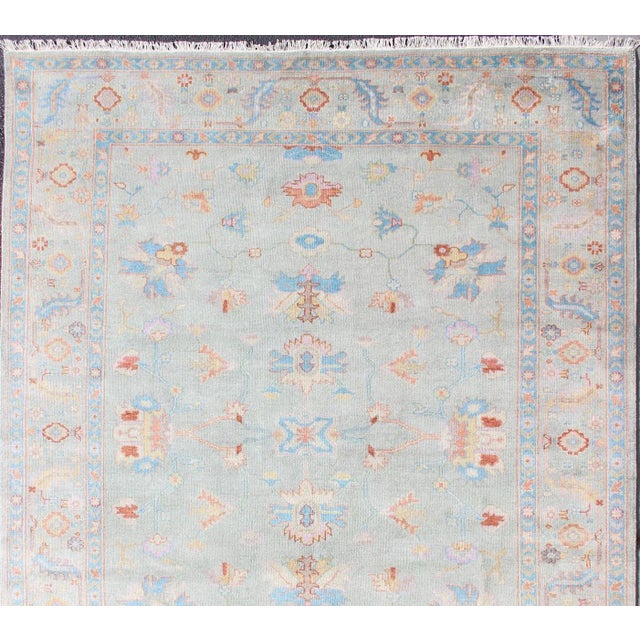 Shabby Chic Hand-Knotted Floral Oushak Rug in Light Blue by Keivan Woven Arts For Sale - Image 3 of 13