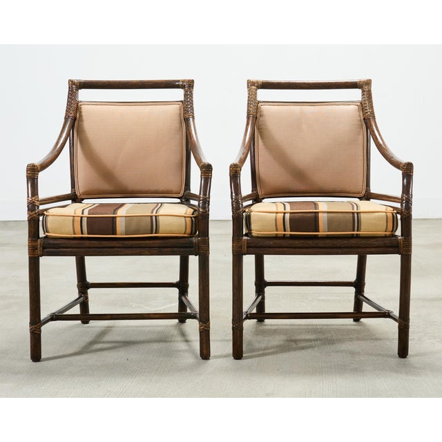 McGuire Set of Four McGuire Rattan Target Upholstered Dining Armchairs For Sale - Image 4 of 18