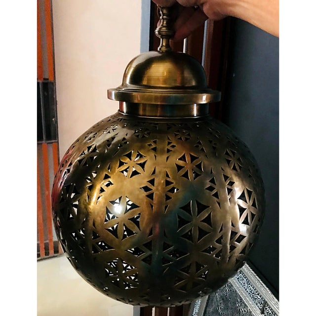Brass 1970s Moroccan Brass Ball Chandelier With Embossed Patterns and Warm Glow For Sale - Image 8 of 11