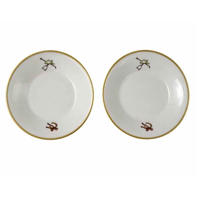 Details: -Pair of vintage porcelain demitasse cups and saucers by Hertel Jacob of Bavaria, Germany. -Each cup features a...