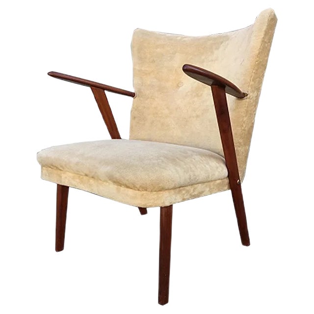 Velvet & Teak Armchair from Slagelse Møbelværk, 1950s For Sale