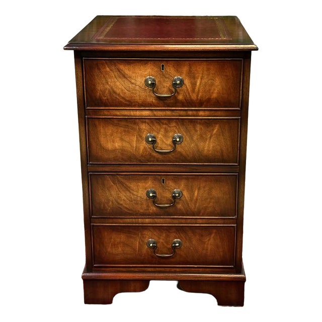 English Mahogany Office Filing Cabinet with Leather Top, 1980s For Sale