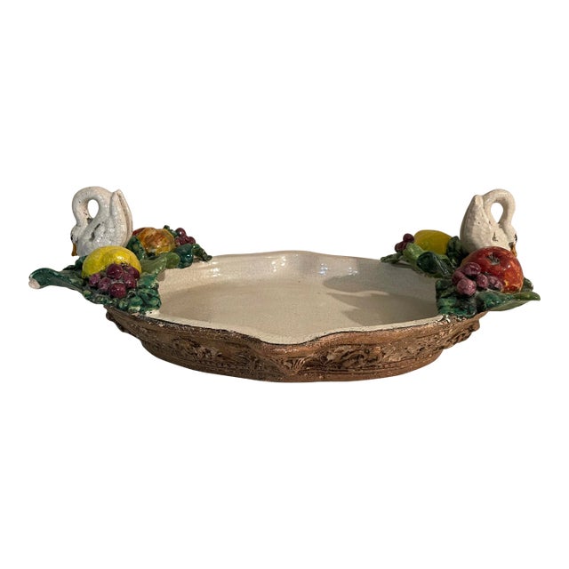 Vintage Italian Ceramic Centerpiece - Fruits and Swans - 15 X 24 For Sale