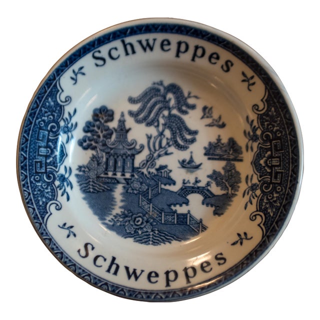 Vintage Schweppes Blue Willow Transferware Tip Plate Wine Coaster (4 3/4") For Sale