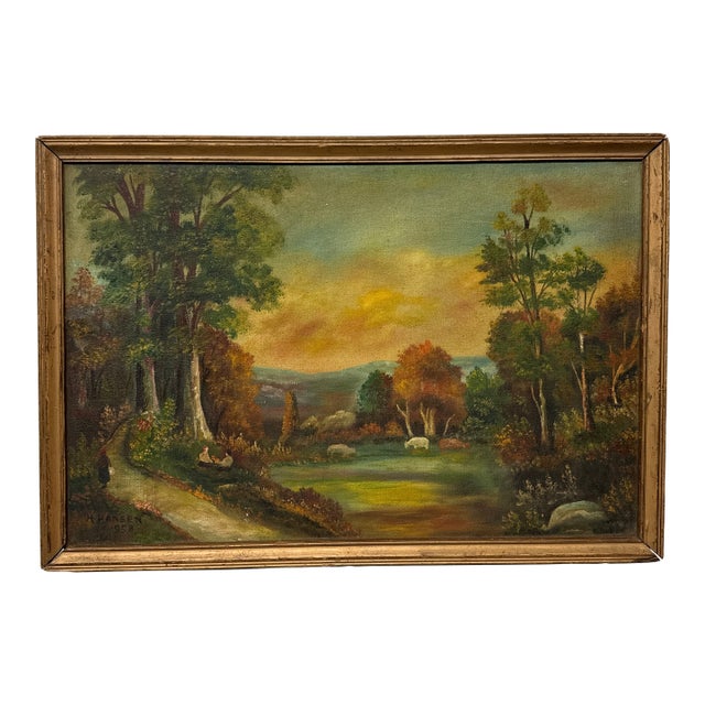 Circa 1958 H. Hansen "Picnic in Meadow" Original Painting, Framed For Sale