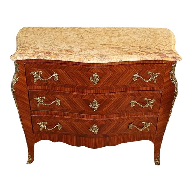 1960s Italian Kingwood Marble Top Bronze Mounted Dresser Commode Chest of Drawers For Sale