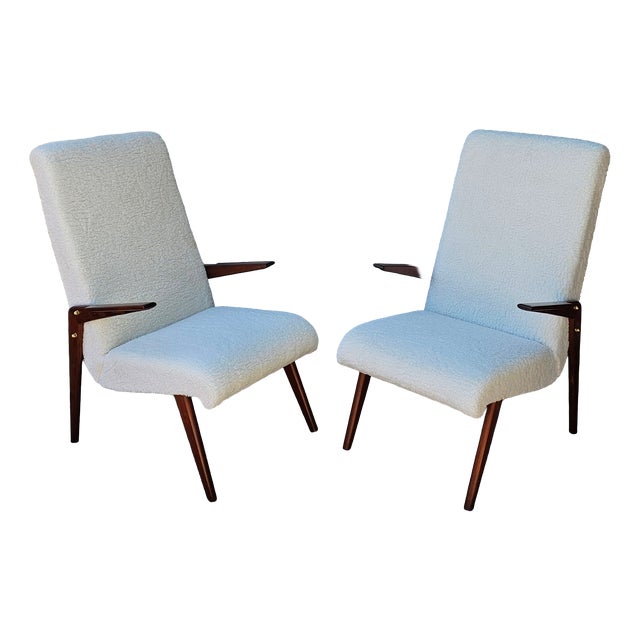 Mid-Century Modern Chairs in White Bouclé Fabric and Wood, 1950s, Set of 2 For Sale