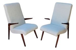 Mid-Century Modern Chairs in White Bouclé Fabric and Wood, 1950s, Set of 2