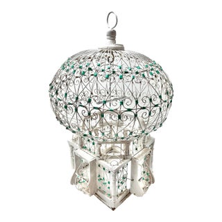 Vintage French Whitewashed Metal Birdcage With Green Glass Jewel Accents For Sale