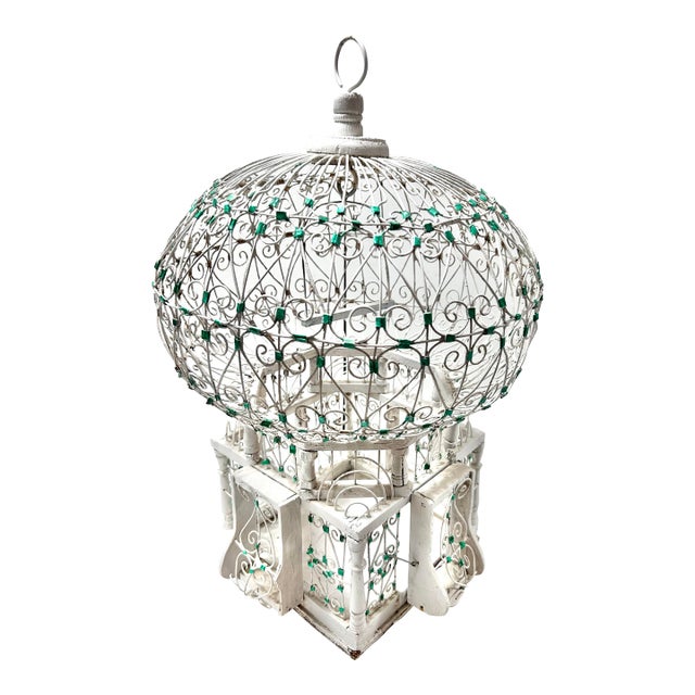 Vintage French Whitewashed Metal Birdcage With Green Glass Jewel Accents For Sale