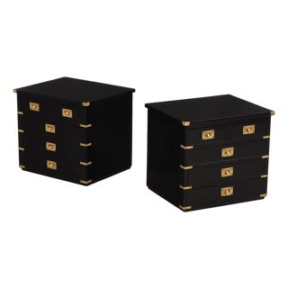 Pair of Campaign Style Ebonized Mahogany Nightstands, C. 1950 For Sale