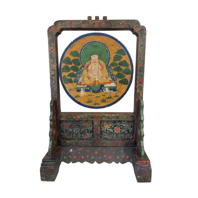 This large Tibetan Wood Gong, measuring 32.5" H by 22" W by 14" D and featuring a hand-painted depiction of Lord Buddha,...