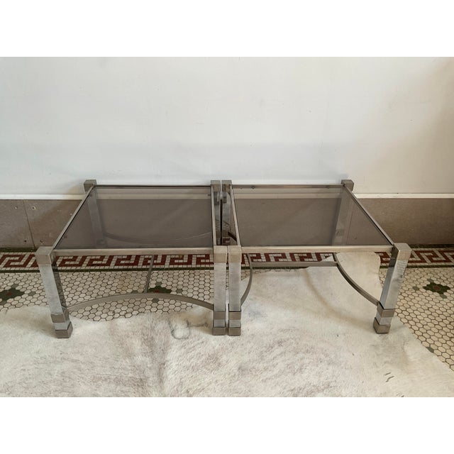 Pair of Metal Deco Tables With Smoked Glass Tops, 1960's, French For Sale - Image 13 of 17
